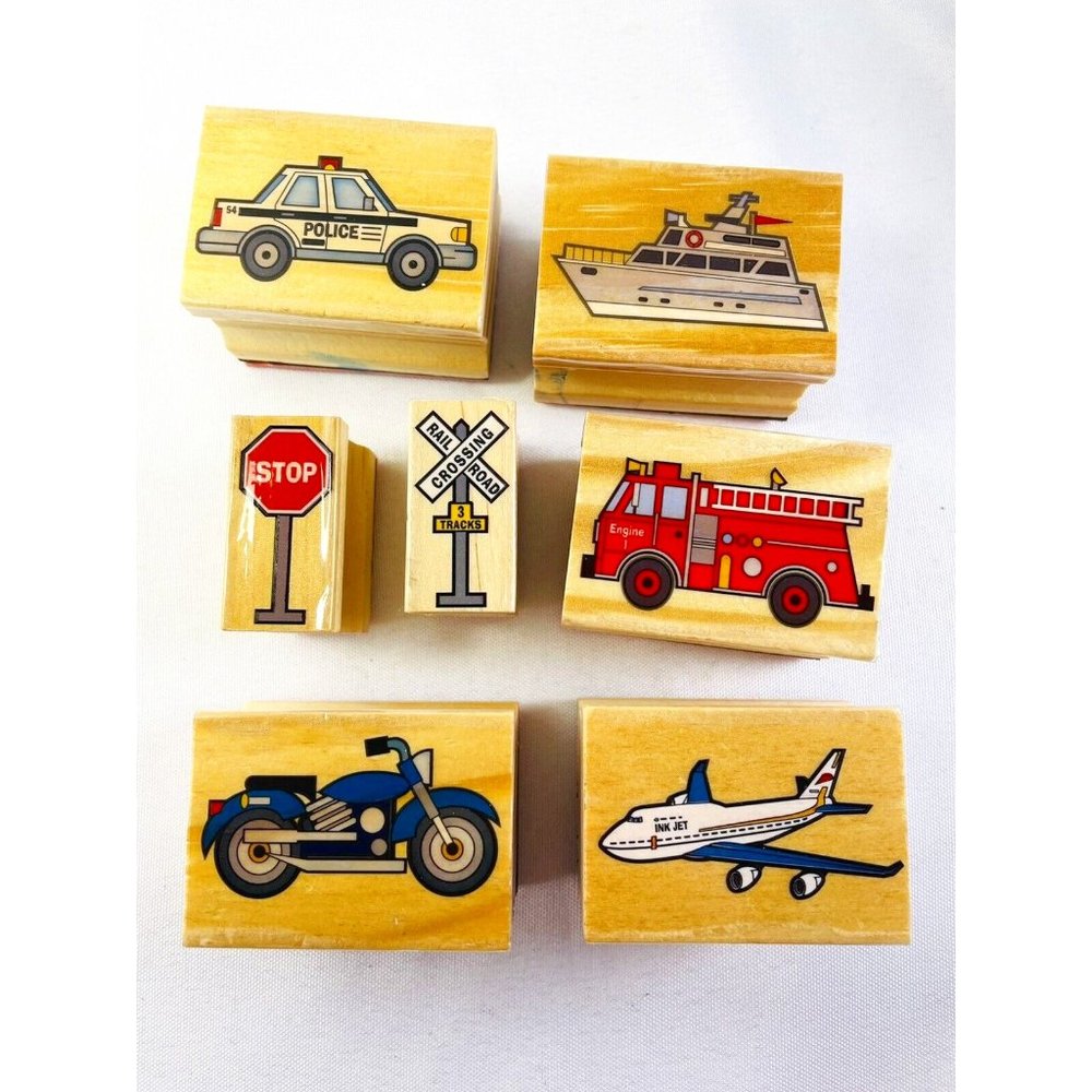 Melissa & Doug Rubber Ink Stamp Wood Mounted Craft Lot of 7 Vehicles and Signs